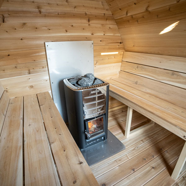 CT MiniPOD Sauna - TimberGlow with Chimney out Side, Adjustable Installation Base