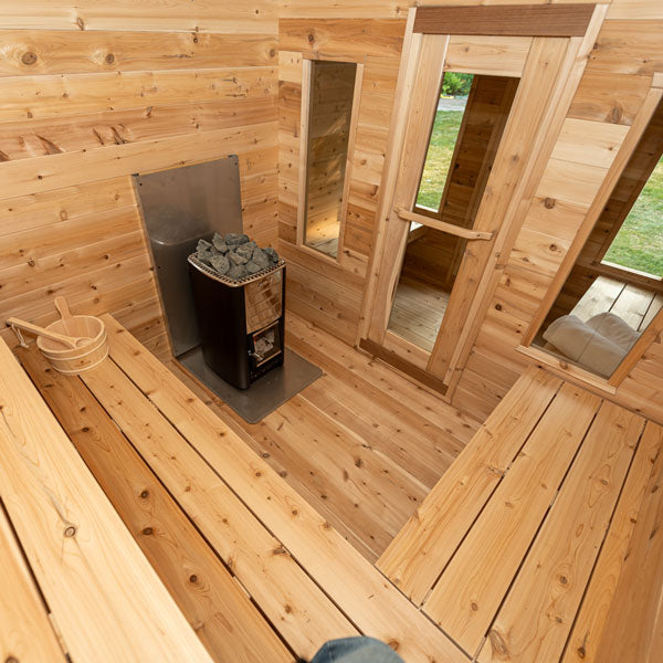 CT Georgian Cabin Sauna with Changeroom - Narvi Kuru 14 Woodburning Heater, Adjustable Installation Base