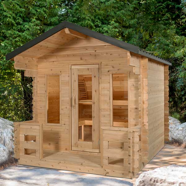 CT Georgian Cabin Sauna with Porch - Narvi Kuru 14 Woodburning Heater, Adjustable Installation Base