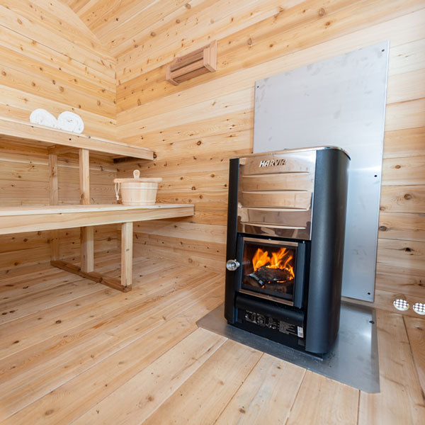 CT Georgian Cabin Sauna with Porch - Narvi Kuru 14 Woodburning Heater, Adjustable Installation Base